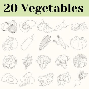 Preview of 20 Vegetables - Outline Doodle, PNG files| PreK - 6th, Homeshcool