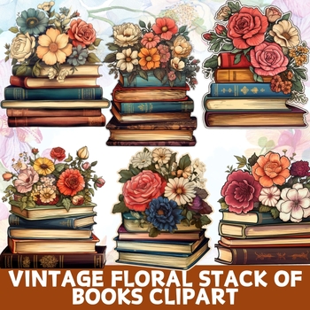 Preview of 20+ Vintage Floral Stack of Books Clipart