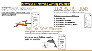 Preview of 20 Weeks of Writing Prompts with directions and anchor charts! Slides & PPT