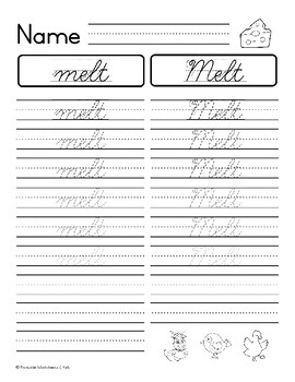 20 Words about Cheese - Cursive Handwriting Practice Worksheets | TPT