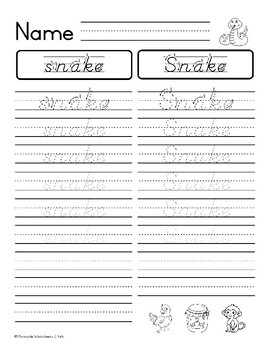 20 Words about Snake - D'Nealian Handwriting Practice Worksheets