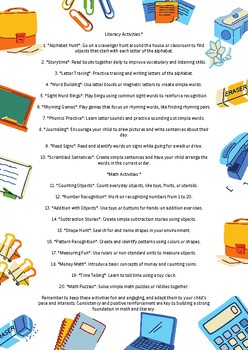 Preview of 20 activities to prepare a grade one level student for math and literacy
