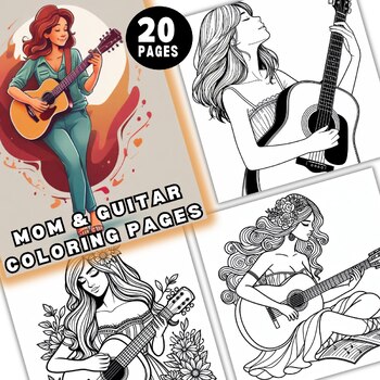 Preview of 20 mom and guitar coloring pages, cute lovely quotes to color 8.5x11 inches pdf