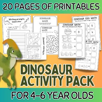 Preview of 20 pages of dinosaur themed printables,math,english & drawing for summer