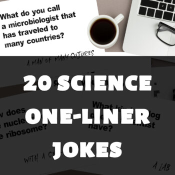 Preview of 20 science one-liner jokes, 8.5x11" minimalistic black and white posters