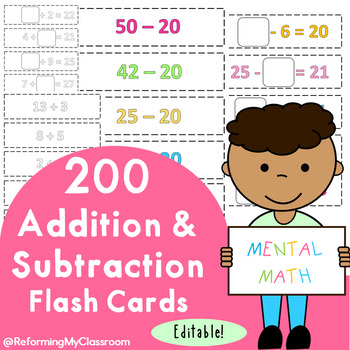 Preview of 200 Addition and Subtraction Flash Cards [Sum under 100]  -EDITABLE- Mental Math