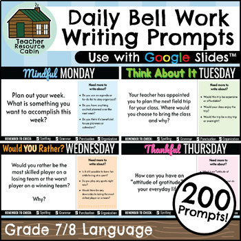 Preview of 200 Daily Bell Work Writing Prompts (Grades 7/8)