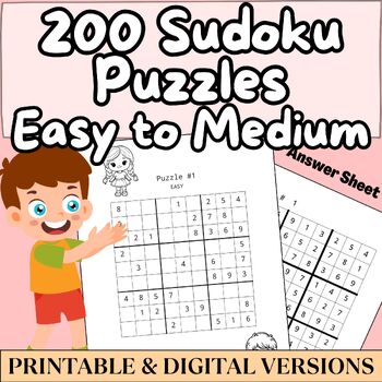 Preview of 200 Sudoku Puzzles: Math Brain Teasers Game, Easy to Medium Levels with Solution