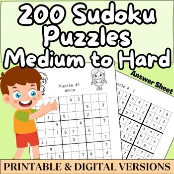 Preview of 200 Sudoku Puzzles: Math Brain Teasers Game, Medium to Hard Levels with Solution