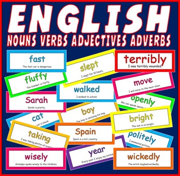 Preview of 200 VERBS, NOUNS, ADVERBS, ADJECTIVES FLASH CARDS-TEACHING RESOURCE, LITERACY