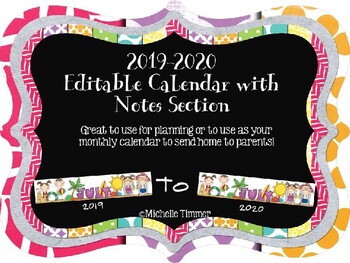 Preview of 2019-2020  Editable Calendar with Notes Section