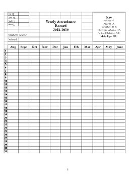 Preview of 2018-2019 Yearly Attendance Record Sheet