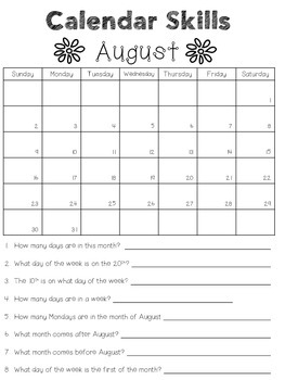 Preview of 2015-2016 Calendar Skills Worksheets