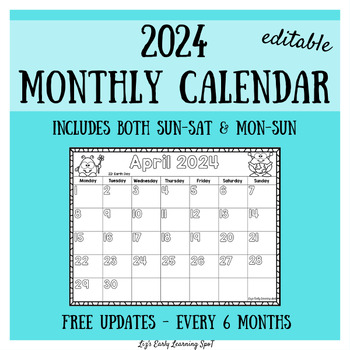 Preview of 2024 Monthly Calendar for Kids (editable) - free updates