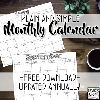 Preview of Free Monthly Calendar : Plain and Simple