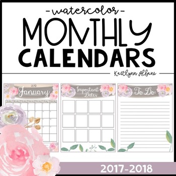 2017-2018 Calendar - Watercolor Garden by Kaitlynn Albani | TpT