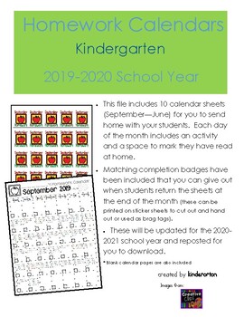 Preview of 2019-2020 Kindergarten Homework Calendar