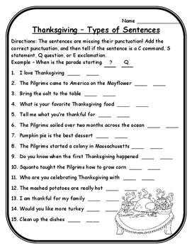 Thanksgiving Grammar Thanksgiving Language Arts Types Of Sentences Activity