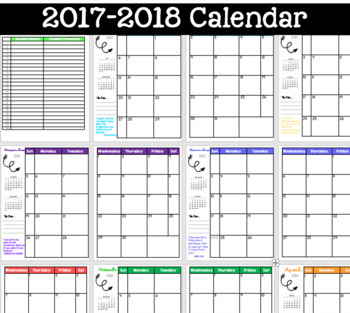 Preview of Editable 2017-2018 Calendar