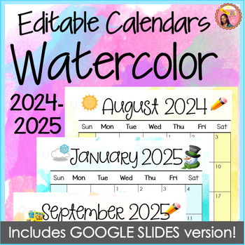 Preview of 2024 - 2025 Calendars Editable Watercolor for PowerPoint and Google Slides™