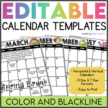 Editable Calendar Template Teachers Pay Teachers