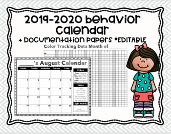 Preview of 2019 2020 Calendar EDITABLE + Behavior Data Tracking + Clip Chart Chevron