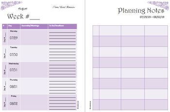 2019 2020 Weekly Planning Calendar No Subject Headings Purple Floral