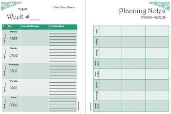 2019 2020 Weekly Planning Calendar Subject Specific Green Floral