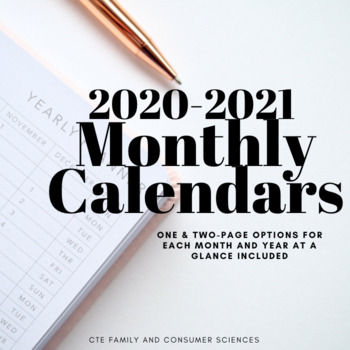 Preview of 2020-2021 Monthly Calendars (Aug-July PDF; 2 month options and year at a glance)