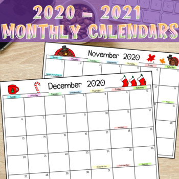 Preview of 2020-2021 Monthly Printable Full Page Calendars - English & Spanish