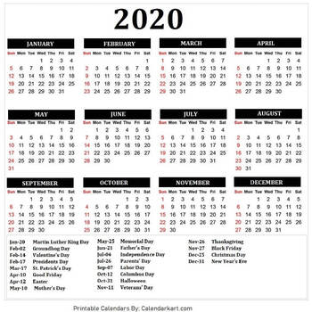2020 Calendar Printable By Martha Sharma 