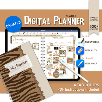 Preview of Animal Yearly Digital Planner, Goodnotes iPad Android Undated Planner