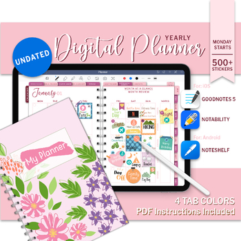 Preview of Colorful Yearly Digital Planner, Undated Goodnotes iPad Android Planner