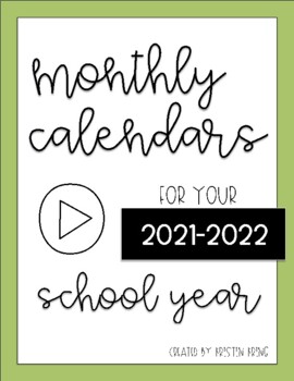 Preview of 2021-2022 Monthly Calendars FREEBIE!