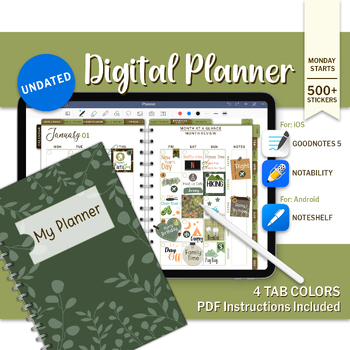 Preview of Natural Green Undated Digital Planner, Goodnotes iPad Android Planner