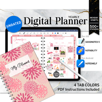 Preview of Modern Pink & Marble Undated Digital Planner, Goodnotes iPad Android Planner