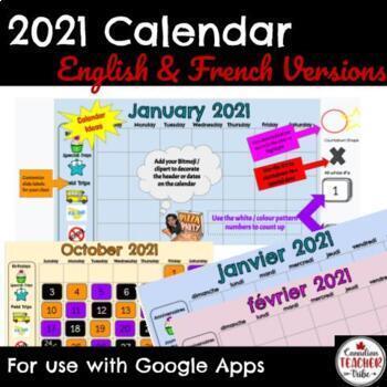Preview of 2021 Calendar / English & French Digital Versions / for Google Slides