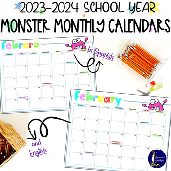 Preview of 2023-2024 Cute Monster Monthly Printable Calendars English and Spanish