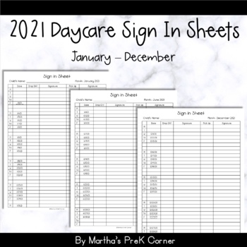 Preview of 2021 Daycare/Child Care Printable Sign In Sheets