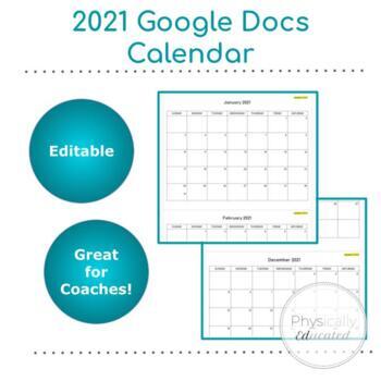 Preview of 2021 Google Docs Calendar