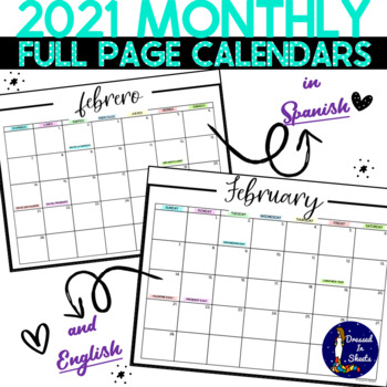 Preview of 2021 Monthly Printable Calendars in English and Spanish