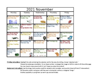 Preview of 2021 November Holiday Bingo Sheet (ONLY) - Obtain Two Activity Choices Per Day!