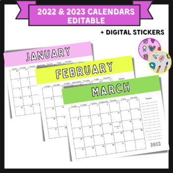 Preview of 2022-2023 EDITABLE Monthly Calendars + Digital Stickers
