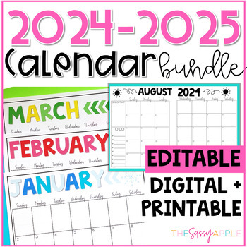 Preview of 2024-2025 EDITABLE Monthly Calendars Printable PDF, PPT & Google Slides Calendar