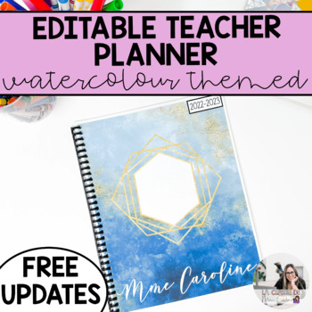 Preview of 2023-2024 EDITABLE Teacher Planner | Blue and Gold Watercolor | FREE UPDATES