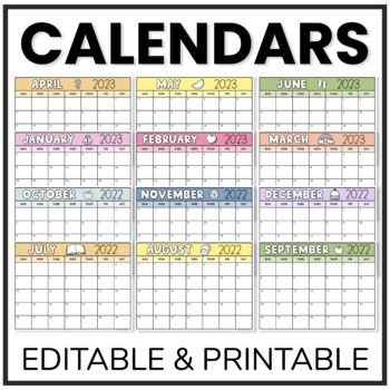 2022-2023 Editable Calendar and Printable Monthly Calendars | TPT