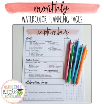 Preview of 2023-2024 Editable Monthly Lesson Planning Template Pages | Watercolor Calendar