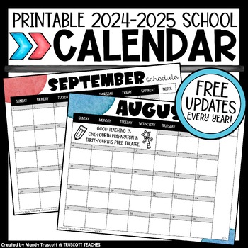 2023-2024 Print Calendar: FREEBIE by Truscott Teaches | TPT