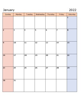 Preview of 2022 Blank Calendars