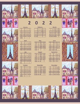 Preview of 2022 Calendar Eiffel Tower Inspired Pointillism Collage Letter Size Printable